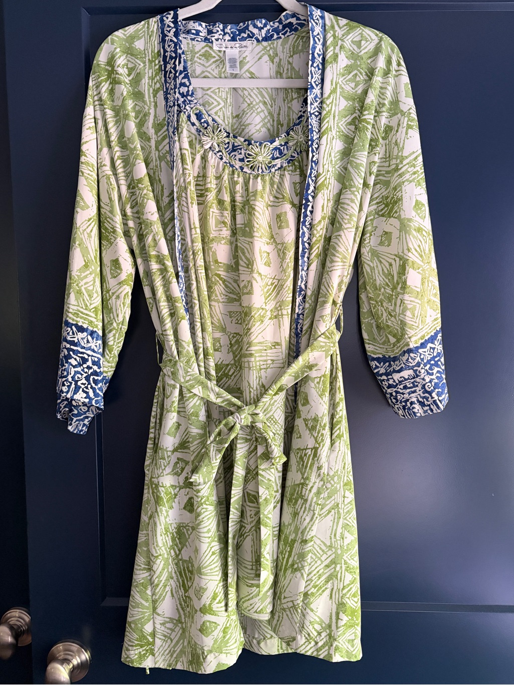 Oscar De La Renta Green And Blue Printed Long Sleeve Tie-Waist Dress